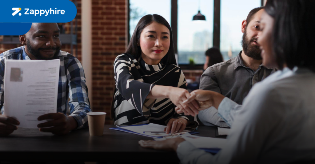 Hiring manager welcoming a new hire after a successful and efficient recruitment process.