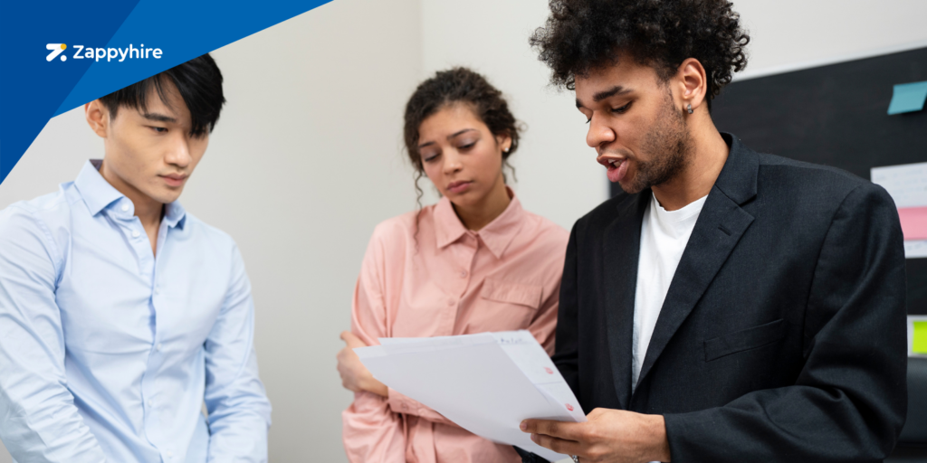 A Caucasian hiring manager is finishing up an interview with a Black male candidate.