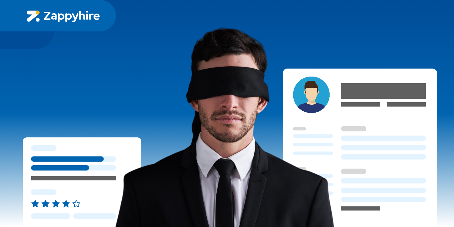 A blind folded recruiter with resumes where personal information has been concealed.