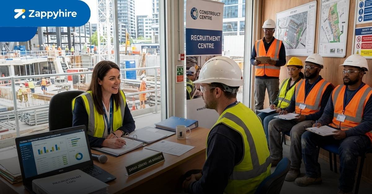 Construction recruitment process showing a hiring manager interviewing a candidate while construction workers await interviews.